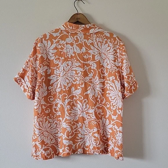 Chico's Orange Linen Hawaiian Tropical Boxy Cut Short Sleeve Button Down Size XL - Picture 4 of 7